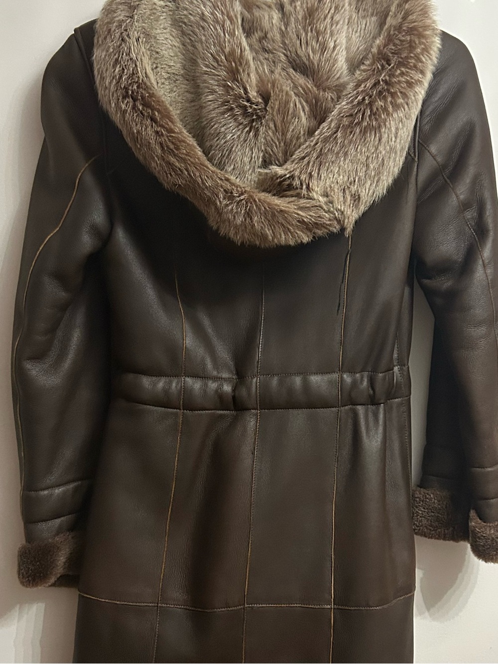 Sheepskin coat Brown Shearling Long Leather Coat with Fur Trim